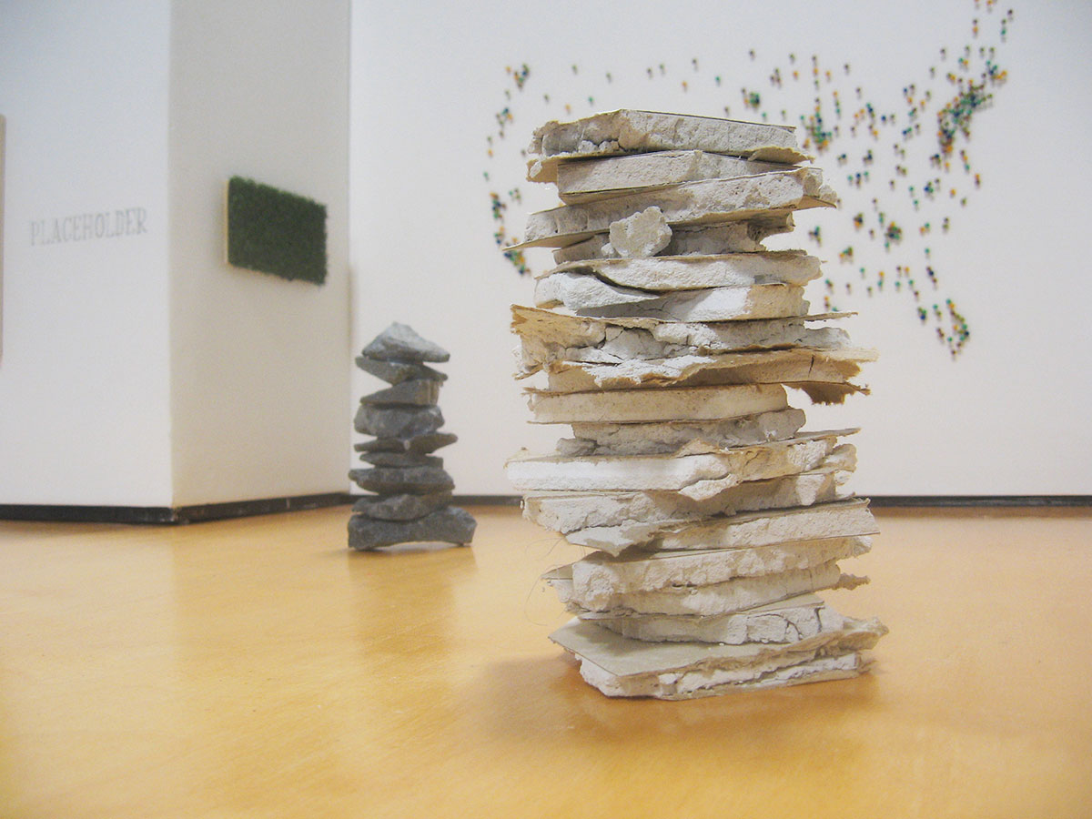 Placeholder at Peripatetic Gallery (Cairn # 1 in foreground), David Lefkowitz, 2013